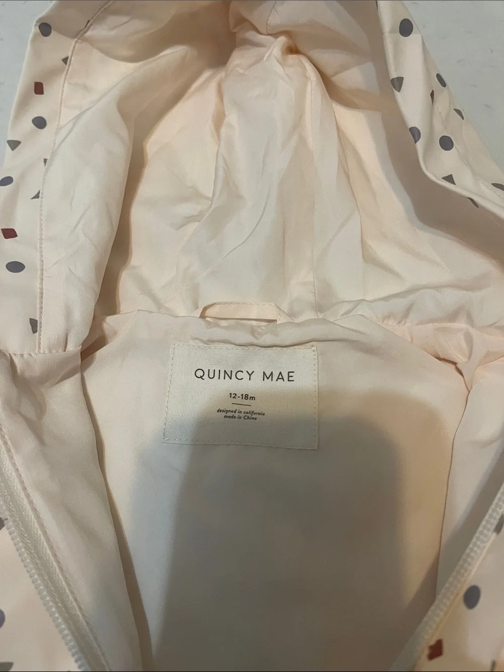 Quincy Mae Cream Hooded Jacket with Pink and Gray Shapes